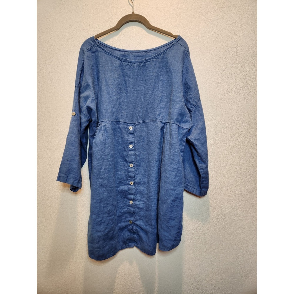 Terzo Millennio Italy Blue Linen Tunic Top Button Back High Low Lagenlook L - Picture 2 of 6